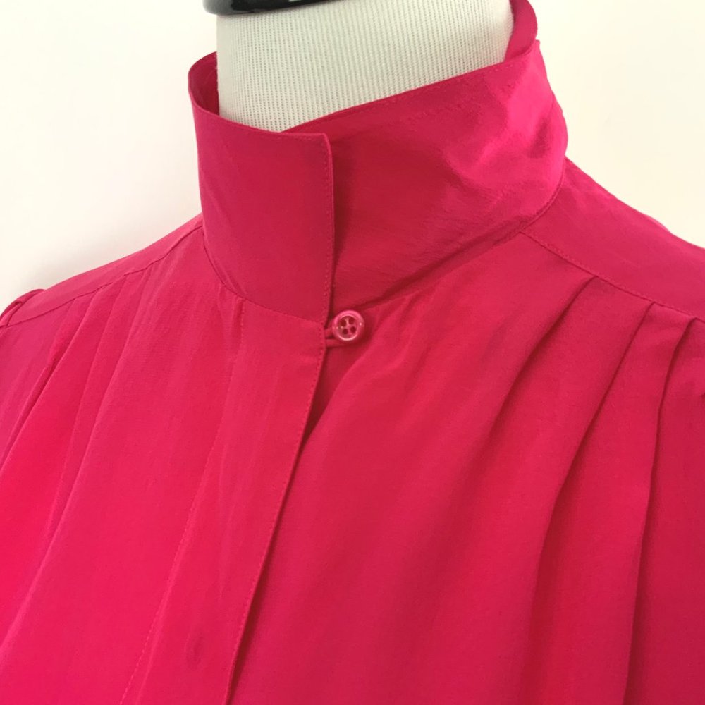 Rabble II 100% Silk Puff Long Sleeve Button Up Blouse Fuchsia/Hot Pink Medium - Picture 2 of 16